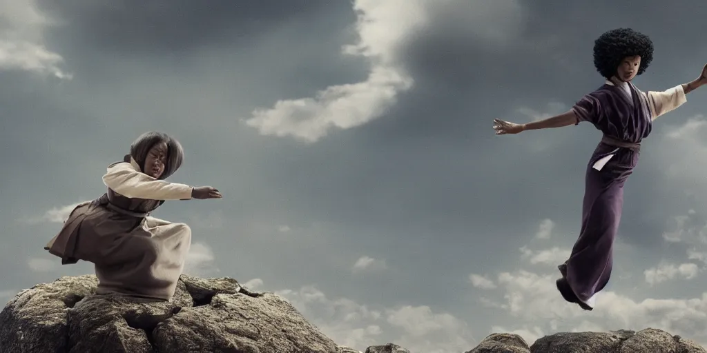 Image similar to a film still of an old black woman starring in a japanese blockbuster film as ancient sensei, levitating mid air, intense, shallow depth of field, cinematic, award winning cgi, vfx, film still
