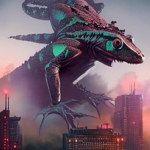Image similar to a frogish kaiju attacking a city, legendary epic shot, blade runner, pacific rim, by artgerm, cloverfield movie, julie bell, beeple and Greg Rutkowski, airbrush, concept art, matte painting, 80s, Smooth gradients, octane render, 8k, High contrast, duo tone, depth of field, volumetric lightning, very coherent artwork