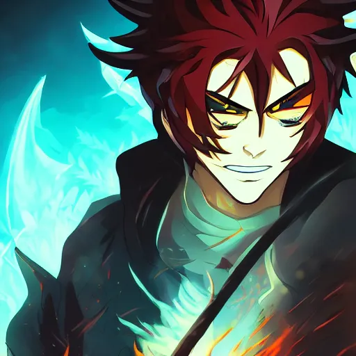 Image similar to devil handsome in demon slayer art, night, fire lines, anime style, detailed face, high quality, smooth in 8k, sharp focus, beautiful scene, black border,