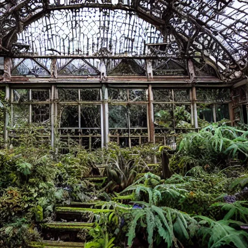 Image similar to abandoned overgrown art nouveau winter garden, epic details