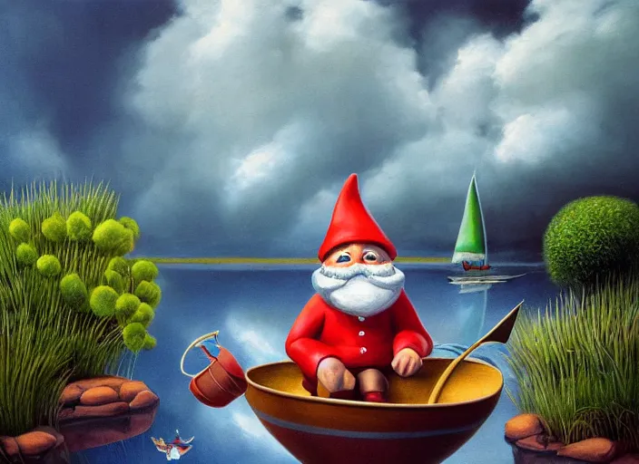 Image similar to a garden gnome sailing in a bucket, whimsical background of a reflective pond on a sunny day with dramatic clouds, an ultrafine detailed painting by mark ryden, trending on deviantart, pop surrealism, whimsical, lowbrow, joyous, perfect symmetrical face