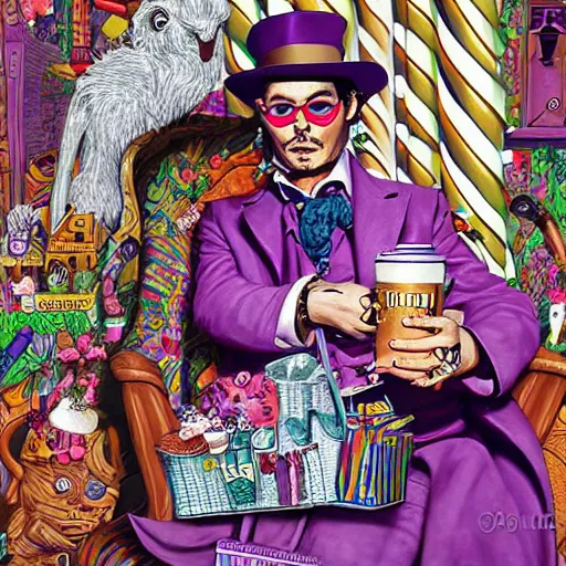 Image similar to Johnny Depp is covered in a blanket and drinking tea in Willy Wonka's Chocolate Factory, Illustration, Colorful, insanely detailed and intricate, super detailed, by mbsjq