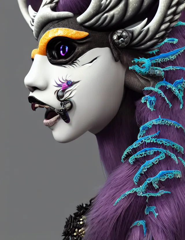 Image similar to 3 d goddess close - up profile portrait punk with mohawk with ram skull. beautiful intricately detailed japanese crow kitsune mask and clasical japanese kimono. betta fish, jellyfish phoenix, bio luminescent, plasma, ice, water, wind, creature, artwork by tooth wu and wlop and beeple and greg rutkowski