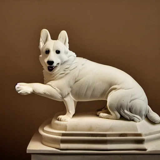Prompt: statue of a Corgi dog, white marble, studio lighting, by Gian Lorenzo Bernini