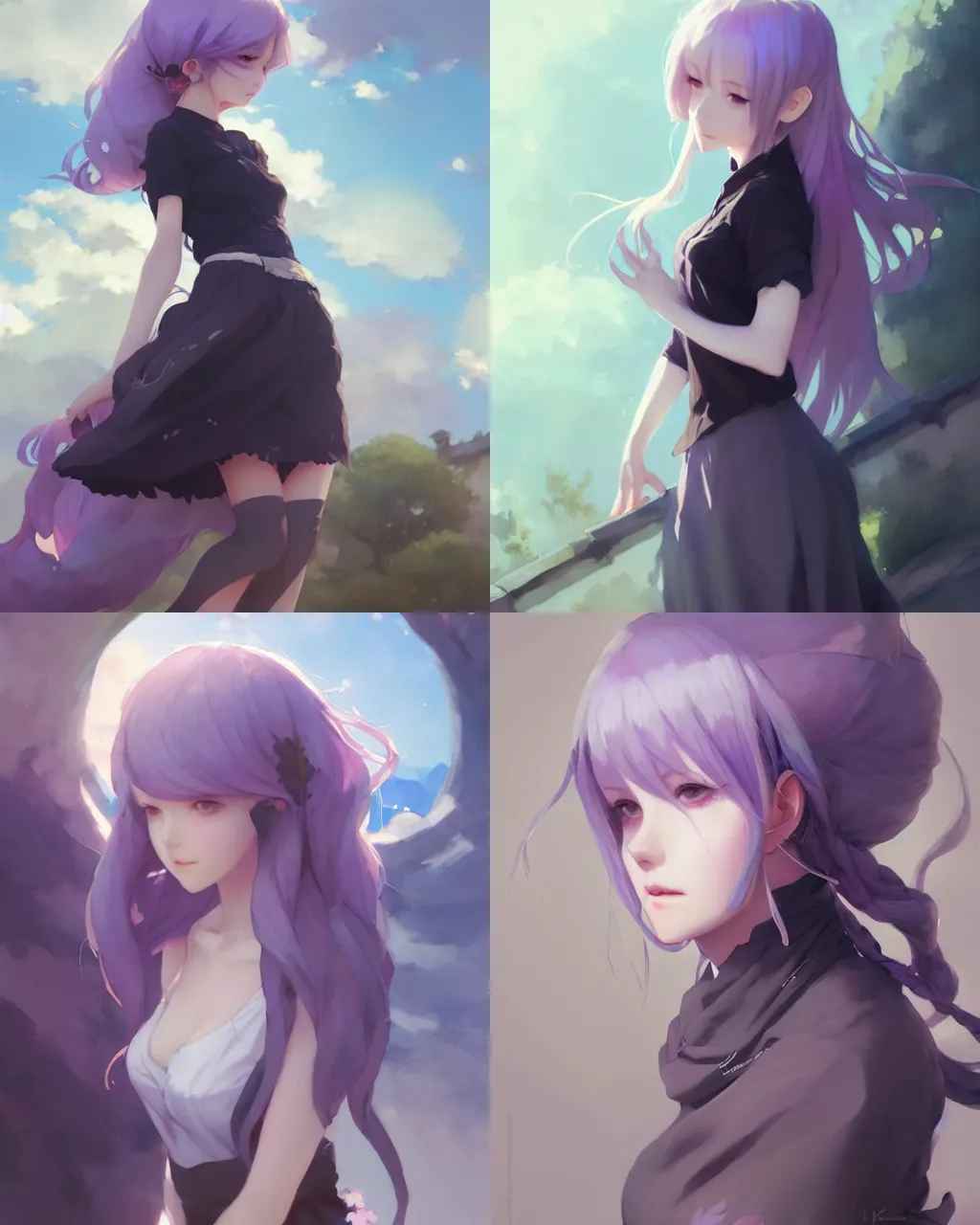 Prompt: a girl with lavender hair and black skirt, a beautiful half body illustration, top lighting, perfect shadow, soft painting, leaning towards watercolor, art by hidari and krenz cushart and wenjun lin and lerapi