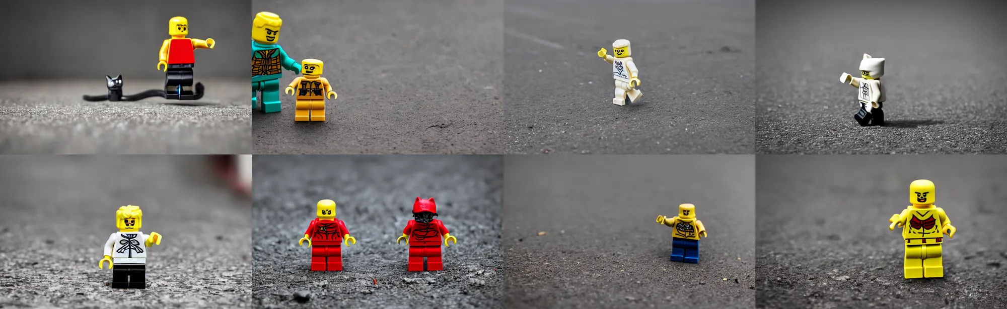 Prompt: scared lego man running from a cat, macro photography 35mm, depth of field