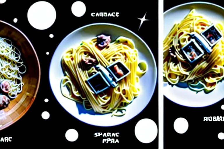 Image similar to carbonara noodles, space, food, robot eating pasta