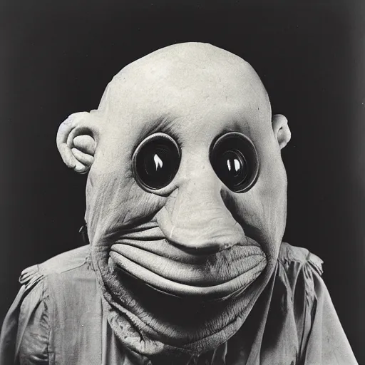 Prompt: photographic portrait of a wrinkly sad lady anglerfish puppet face, by max ernst and alfred pellan