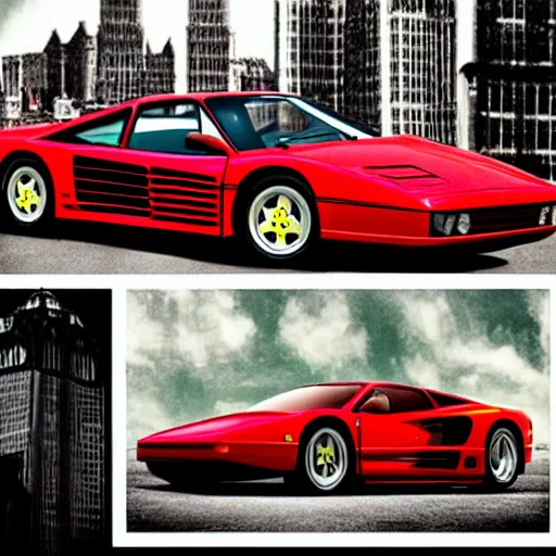 Image similar to a red ferrari testarossa in front of gothic architecture, gotham city, magazine collage style