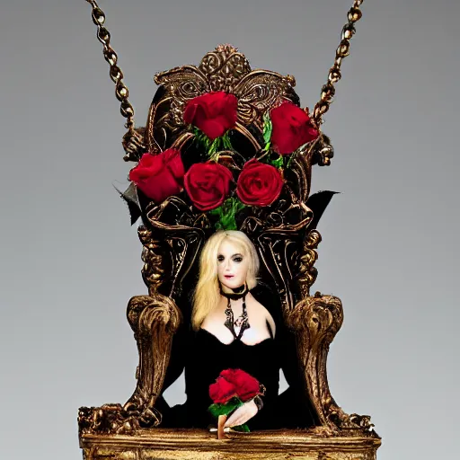 Image similar to vampire queen on treasure throne with roses and holes and gemstones