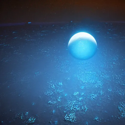 Image similar to realistic photo of a rocky alien planet with water in the dark space seen from an space probe, with blue and yellow continents, unreal engine, blender