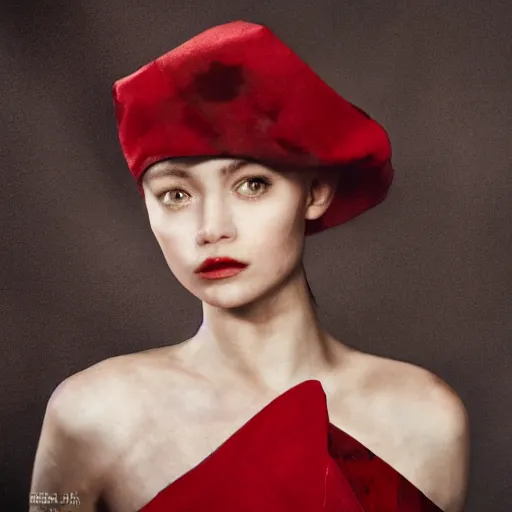 Image similar to half - length portrait of girl in a red hat and black dress, fine art portrait photography by paolo roversi, volumetric lighting, very detailed, high resolution,