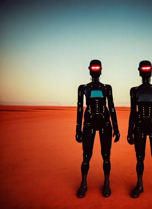 Image similar to cinestill 5 0 d candid photographic portrait by steve mccurry of two loving female androids wearing rugged black mesh techwear on a desolate plain with a red sky, extreme closeup, modern cyberpunk, dust storm, 8 k, hd, high resolution, 3 5 mm, f / 3 2, ultra realistic faces, ex machina