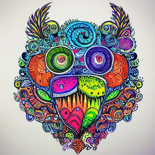 Image similar to colorful monster doodle art, intricate, kerby rosanes, white background