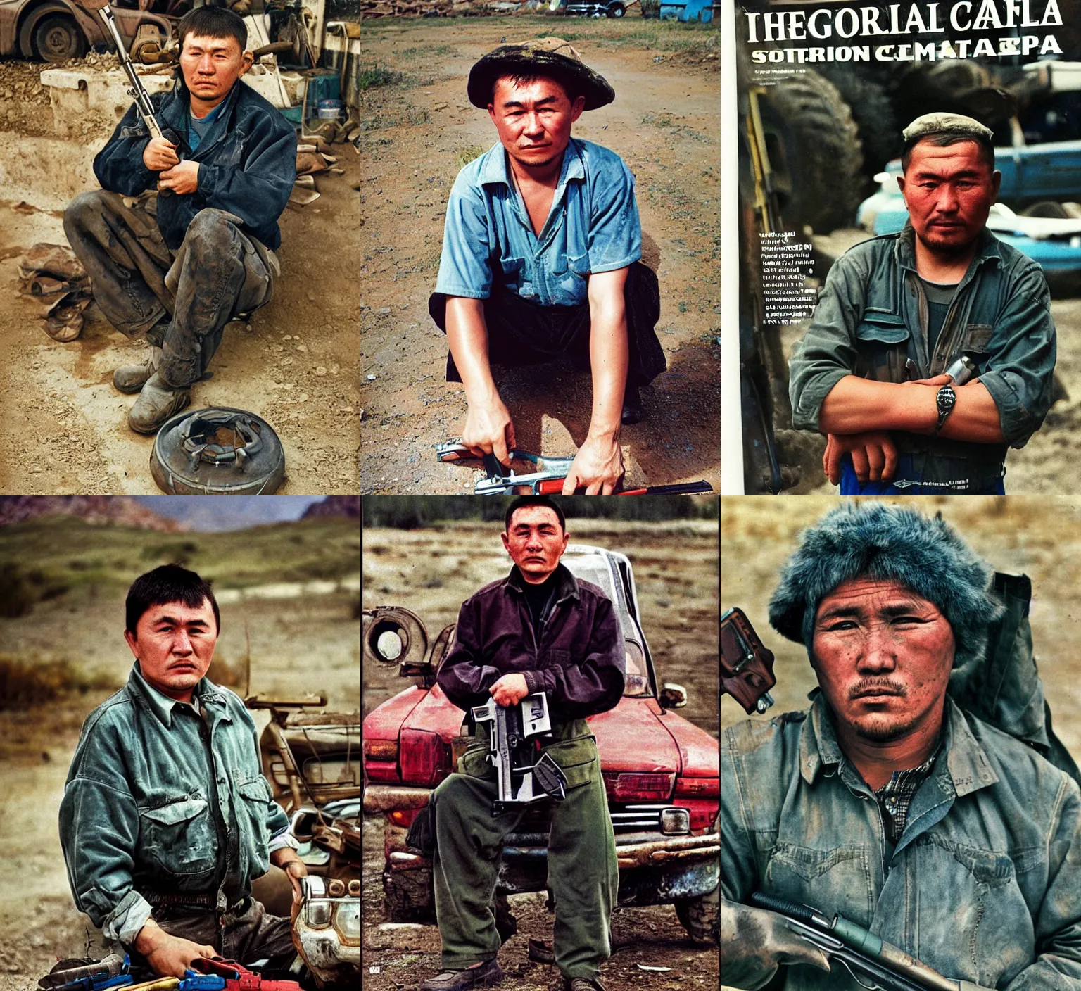 Prompt: portrait photo of the village car and firearm mechanic guy from Kazakhstan and Spain, full color magazine article by National Geographic (1998)