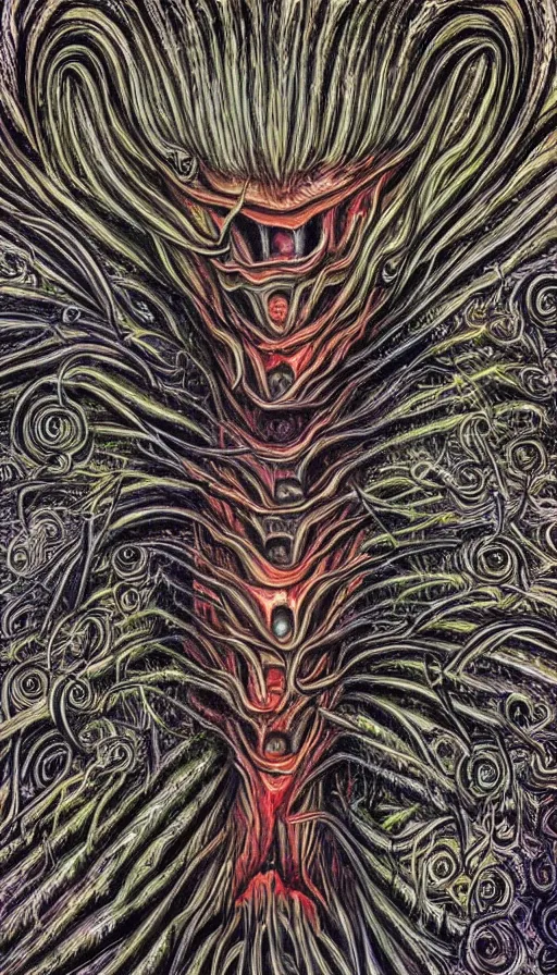 Image similar to a storm vortex made of many demonic eyes and teeth over a forest, by alex grey,