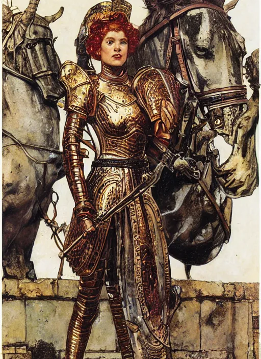 Prompt: portrait of helen of troy in armour outside the city walls, by lawrence alma tadema and rick berry and norman rockwell and greg staples and jack kirby