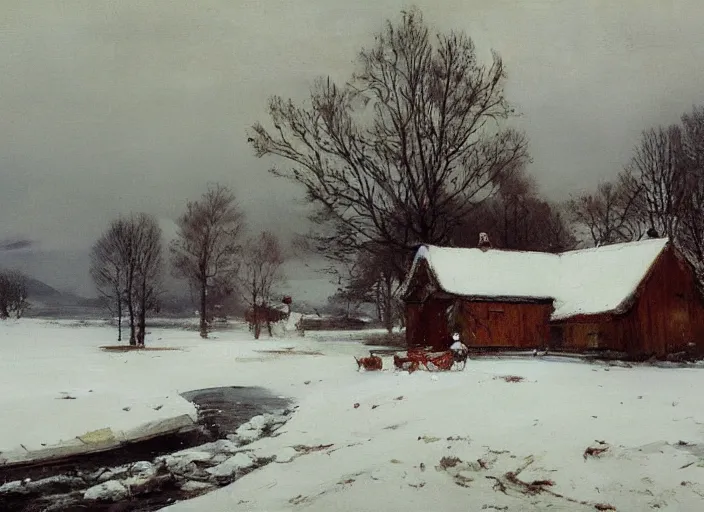 Prompt: oil painting of swedish house in snow landscape, by anders zorn, by greg rutkowski