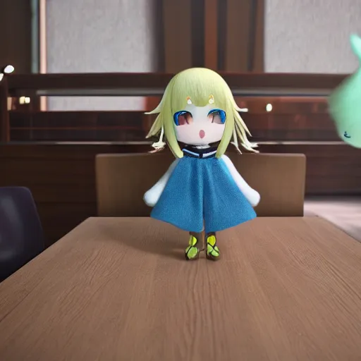 Image similar to cute fumo plush girl is clipping inside a table, vray