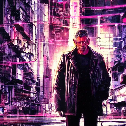 Image similar to Armitage from the novel Neuromancer, washed up, old ex military, old man, portrait shot, wires, cyberpunk, dramatic light, cyberpunk city in the background, movie illustration, poster art by Drew Struzan