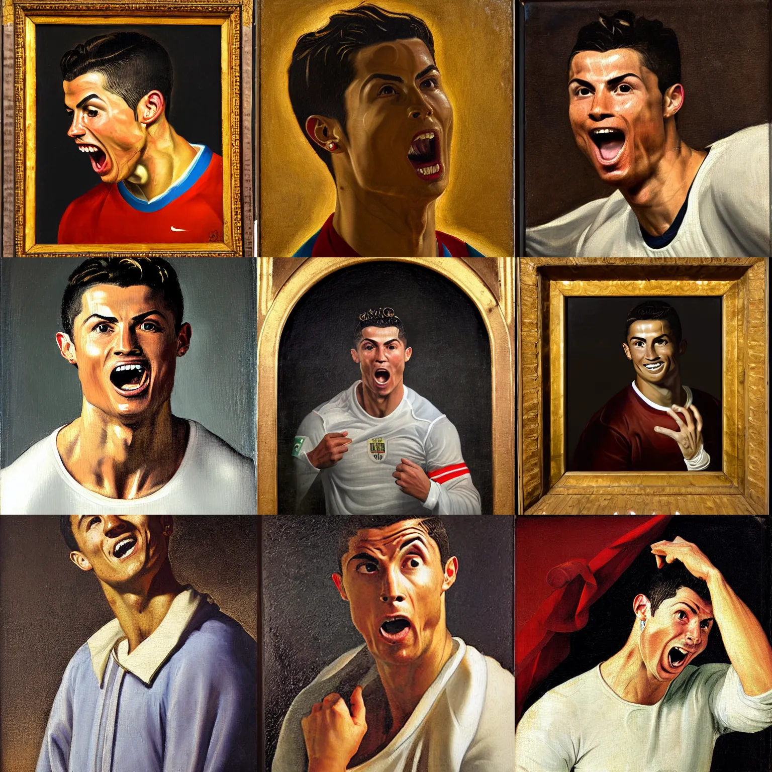 Prompt: cristiano ronaldo, open mouth, light coming out of the mouth, 1 6 0 0 s painting