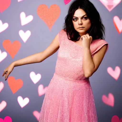 Image similar to Mila Kunis silhouette posing in front of a camera with cute pink hearts floating in the air, Canon EOS R3, f/1.4, ISO 200, 1/160s, 8K, RAW, unedited, symmetrical balance, in-frame