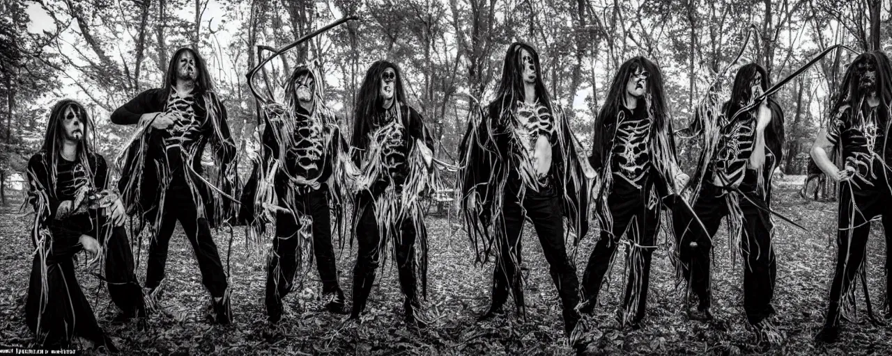 Image similar to award-winning photography of a rock black metal group with costumes inspired by insects, playing music in a concert