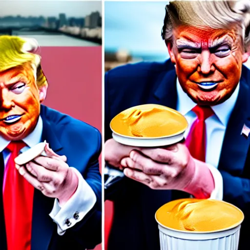 Image similar to donald trump slamming pudding onto citizens, citizens soaked with pudding, golden hour, boardwalk, professional photography