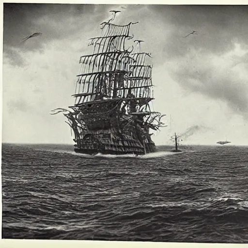 Image similar to an impossibly huge pirate ship, being attacked by a kraken, giant tentacles. 1910s photograph