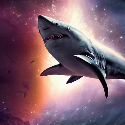 Prompt: Still from the movie Sharknado, in space with angry sharks floating on the left in front of the interstellar space filled with stars, ready to attack the planet earth on the right. Elegant, intricate, digital painting, artstation, concept art, smooth, sharp focus, illustration, art by artgerm and greg rutkowski and alphonse mucha.