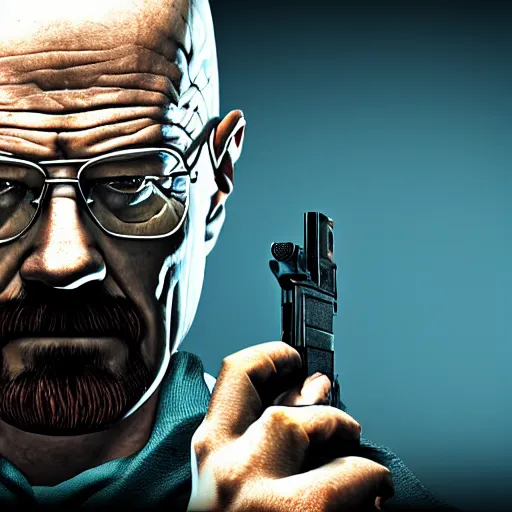 Image similar to walter white holding a macchine gun as a rainbow six siege operator, 4 k, highly detailed