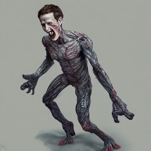 Prompt: mark zuckerberg clawing away his own skin to reveal the monster underneath, an angry artstation painting