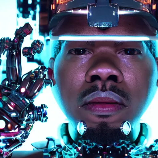 Prompt: a cinematic film still of rapper chance the rapper as a cybernetic cyborg, cgi, surrealism, film photography