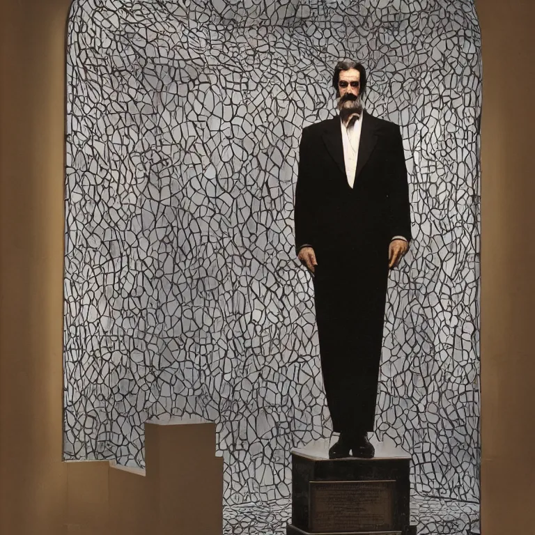 Prompt: studio photograph of postmodern portrait sculpture of timothy dalton, beautiful symmetrical!! face accurate face detailed face realistic proportions, made of stained glass and silicone on a pedestal by ron mueck and matthew barney and greg rutkowski, hyperrealism cinematic lighting shocking detail 8 k