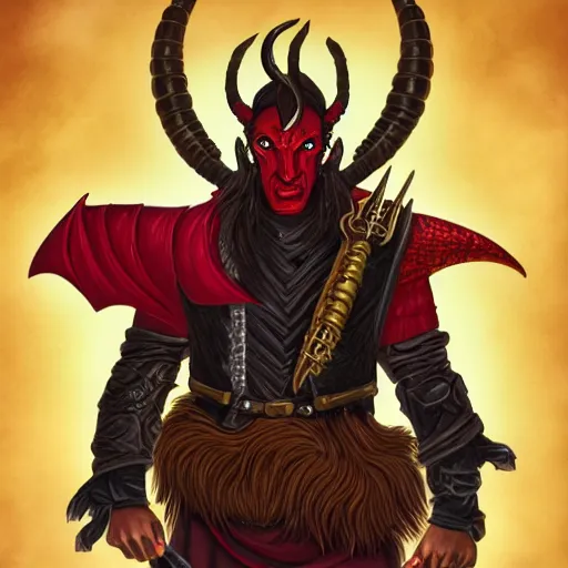Prompt: dnd portrait of a travis scott as tiefling, male, red scales, a big black beard, completely golden eyes, 1 curved horn growing out of his forehead, one broken horn growing out of his forehead,