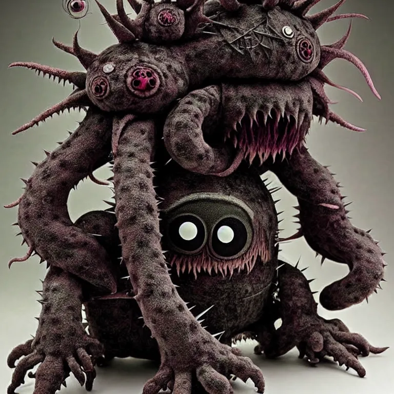Prompt: photo of cute plush fluffy chibi monster with spikes, tentacles, and many eyes. made by giger, wayne barlowe, dariusz zawadzki, zdzislaw beksinski
