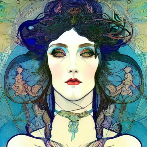 Prompt: The Goddess of Art, beautiful eyes, symmetrical face, paint, ink, palettes, spectrum, in the style of Joshua Middleton, Mucha, Kandinsky