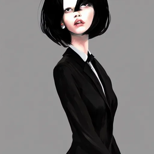 Image similar to slim girl in tuxedo with short black hair, elegant, 2d, ultra highly detailed, digital painting, smooth, sharp focus, artstation, art by Ilya Kuvshinov