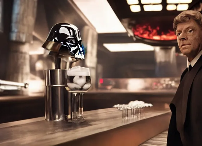 Image similar to film still of Darth Vader working as a bartender in the new Star Wars movie, 4k