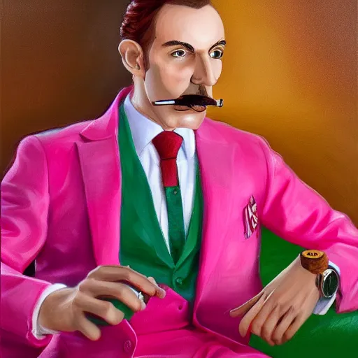 Image similar to 3D portrait of Luigi wearing a pink suit jacket and smoking a cigar, 8k, detailed