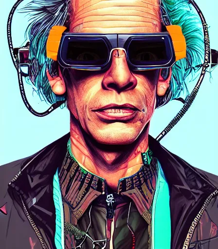 Prompt: hyper detailed comic illustration of a cyberpunk Doc Brown wearing a futuristic sunglasses and a gorpcore jacket, markings on his face, by Android Jones intricate details, vibrant, solid background, low angle fish eye lens