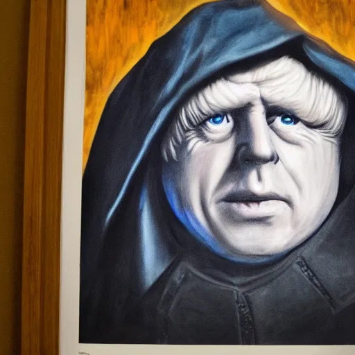 Image similar to Boris Johnson as Emperor Palpatine, dark background