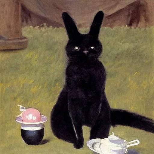 Image similar to a black cat having a picnic with a ((bunny)), the ((bunny)) has pink fur, the cat is drinking tea, highly detailed, painted by John Singer Sargent