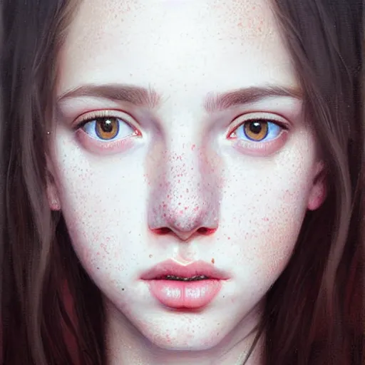 Image similar to Facial portrait of a pretty young girl, looking at the camera, slight awkward smile, lips slightly parted, some light freckles, no hands visible, extremely detailed painting by Greg Rutkowski and by Steve Henderson and by Harumi Hironaka