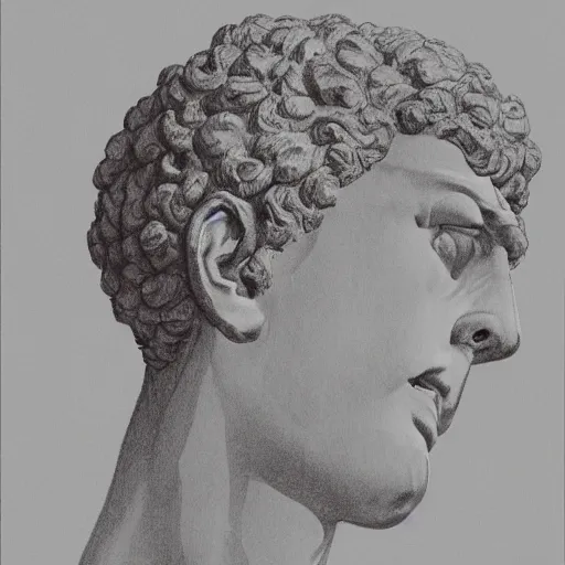 Image similar to a broken statue of david, broken head, cracked head, realism drawing