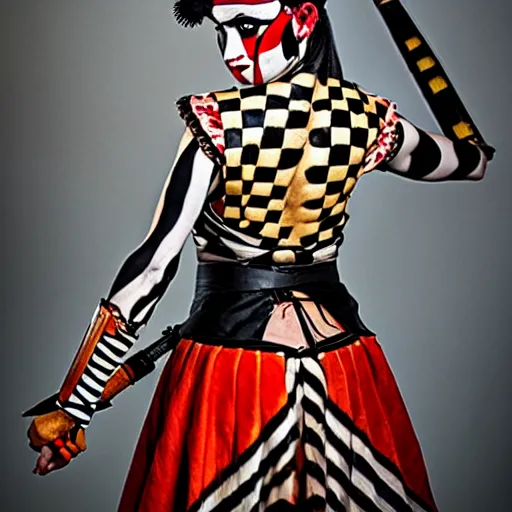 Prompt: photo of a real-life beautiful female harlequin warrior,