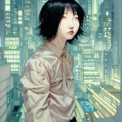 Image similar to prompt : city scavenger portrait soft light painted by james jean and katsuhiro otomo and erik jones, inspired by akira anime, smooth face feature, intricate oil painting, high detail illustration, sharp high detail, manga and anime 1 9 9 9