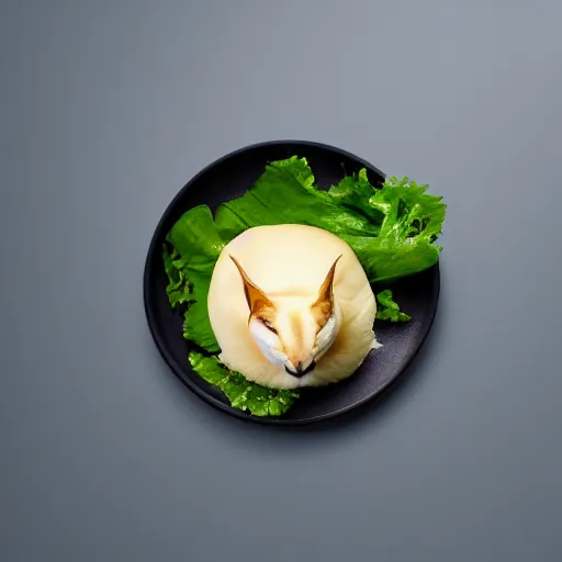 Image similar to A delicious steamed bun in the shape of caracal. Studio lighting, High resolution, high quality, dark background