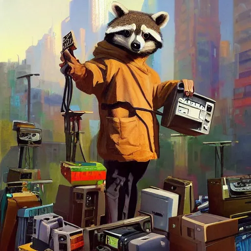 Image similar to greg manchess painting of a trash panda character, holding a box of cables and standing next to old electronic equiptment, medium shot, asymmetrical, profile picture, organic painting, sunny day, matte painting, bold shapes, hard edges, street art, trending on artstation, by huang guangjian and gil elvgren and sachin teng