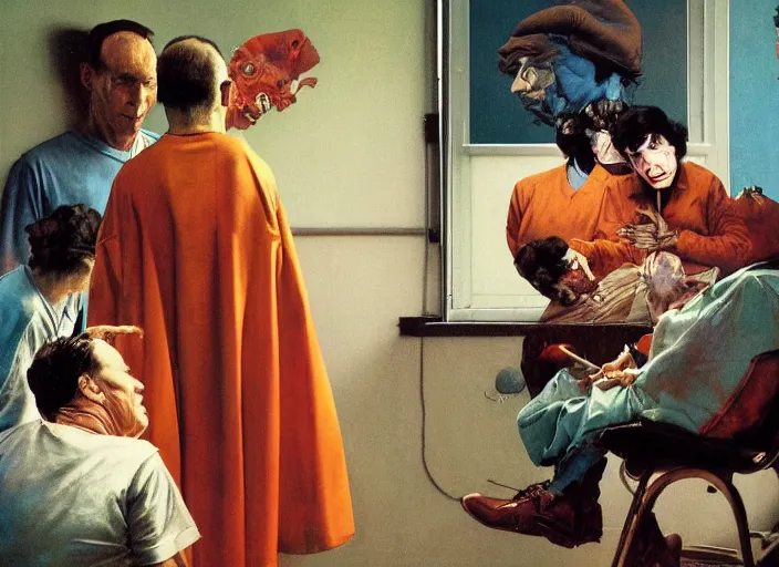 Image similar to a still from the movie one flew over the cuckoo's nest by francis bacon and norman rockwell and james jean, and mark brooks, triadic color scheme, by greg rutkowski, syd mead and edward hopper and norman rockwell and beksinski, dark surrealism, orange and turquoise